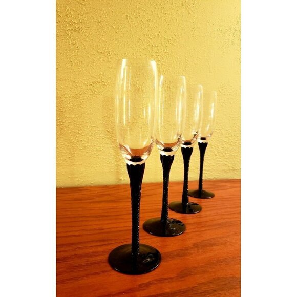 Vintage Twisted Black Stem Champagne Flutes Glasses Set Of 4 - Picture 1 of 4